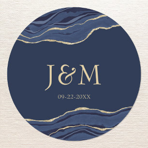 Navy Blue Agate Marble Gold Glitter Wedding Classic Round Sticker