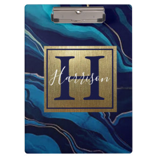 Navy Blue Agate Marble Gold Name and Monogram Clipboard