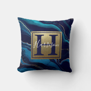 Navy Blue Agate Marble Gold Name and Monogram Cushion