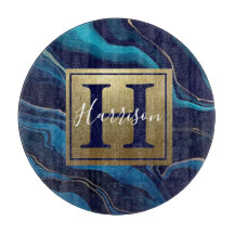 Navy Blue Agate Marble Gold Name and Monogram  