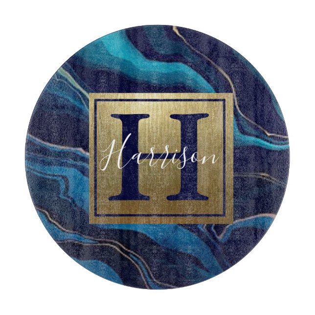Navy Blue Agate Marble Gold Name and Monogram   Cutting Board (Front)