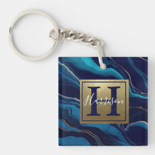 Navy Blue Agate Marble Gold Name and Monogram Key Ring