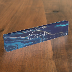 Navy Blue Agate Marble Gold Name and Monogram   Nameplate