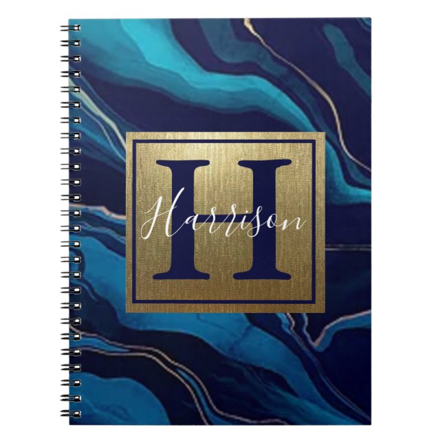 Navy Blue Agate Marble Gold Name and Monogram  Notebook (Front)