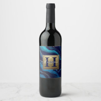 Navy Blue Agate Marble Gold Name and Monogram Wine Label