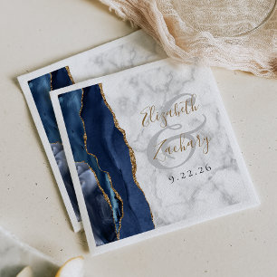 Navy Blue Agate Marble Gold Script Wedding Napkin