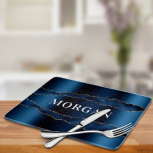 Navy blue agate marble name cutting board