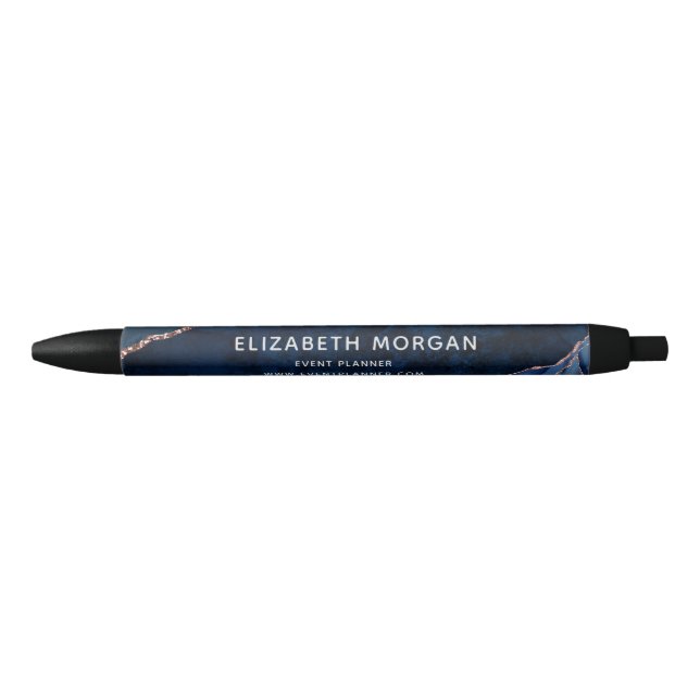 Navy Blue Agate Marble Rose Gold Glitter Name Black Ink Pen (Front)