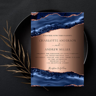 Navy blue agate marble rose gold wedding invitation
