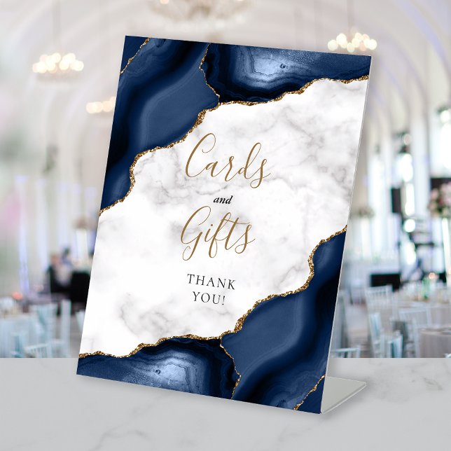 Navy Blue Agate Marble Wedding Cards and Gifts Pedestal Sign (Creator Uploaded)