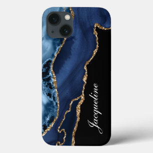 Navy Blue Agate Modern Watercolor Gold Personalise iPhone 13 Case