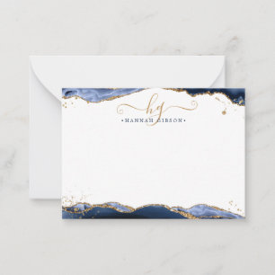 Navy Blue Agate Monogram Fancy Script Gold Glitter Card