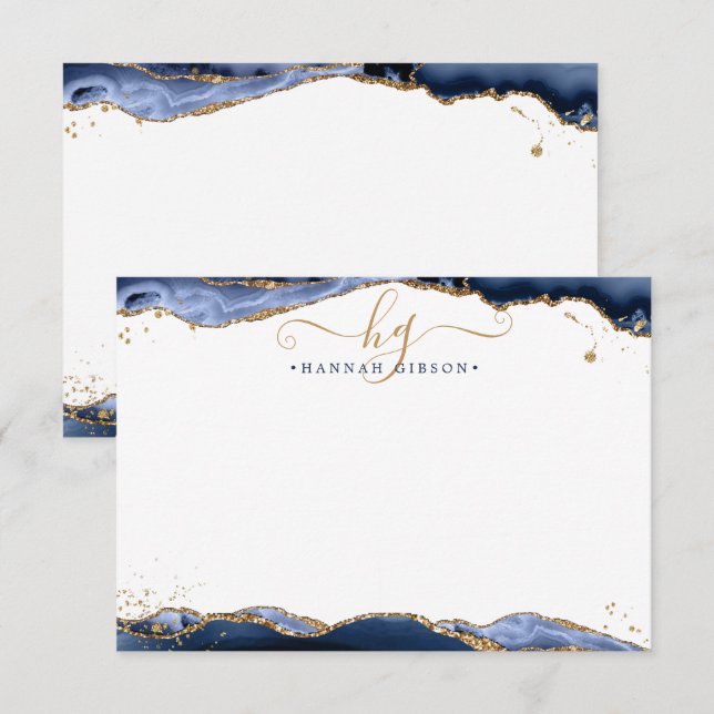 Navy Blue Agate Monogram Fancy Script Gold Glitter Card (Front/Back)