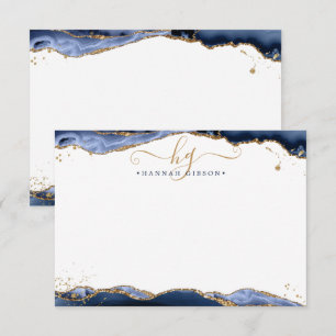 Navy Blue Agate Monogram Fancy Script Gold Glitter Card