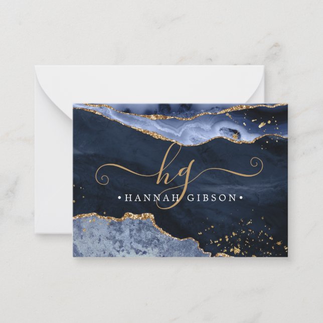 Navy Blue Agate Monogram Fancy Script Gold Glitter Card (Front)