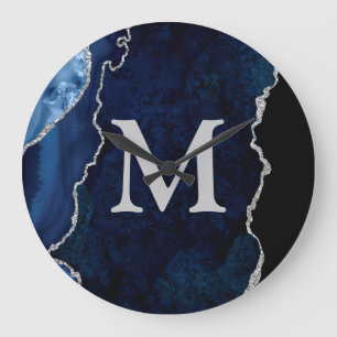 Navy Blue Agate Personalized Monogram Acrylic Large Clock