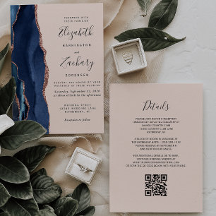 Navy Blue Agate Rose Gold Blush QR Code Wedding Invitation