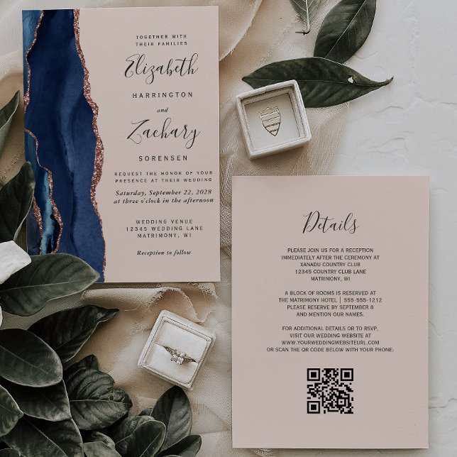 Navy Blue Agate Rose Gold Blush QR Code Wedding Invitation (Creator Uploaded)