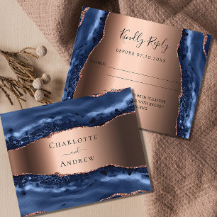 Navy blue agate rose gold budget wedding RSVP