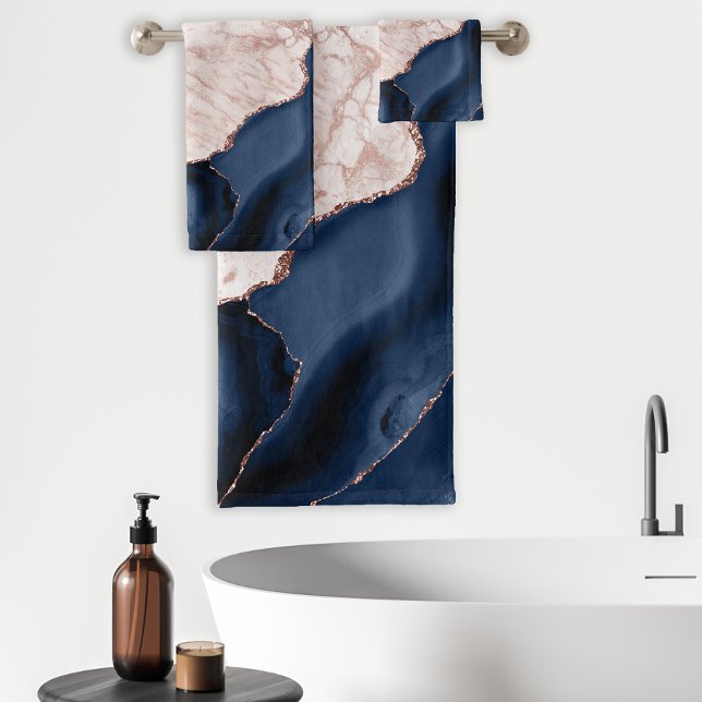 Navy Blue Agate Rose Gold Marble Bath Towel Set (Creator Uploaded)