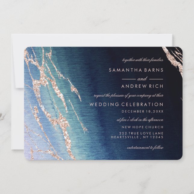 Navy Blue Agate & Rose Gold Wedding Invitations (Front)