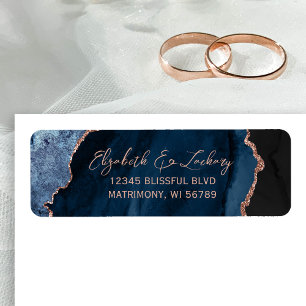 Navy Blue Agate Rose Gold Wedding Return Address Label