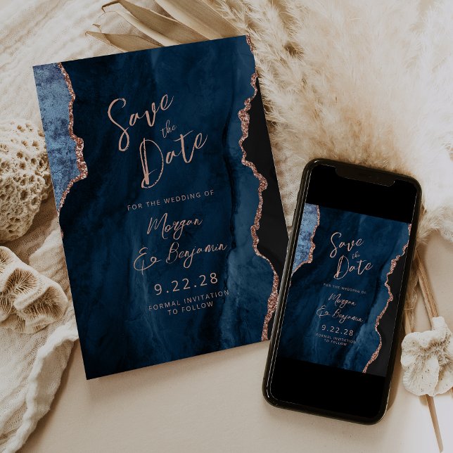 Navy Blue Agate Rose Gold Wedding Save the Date Invitation (Creator Uploaded)