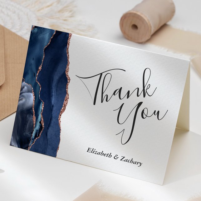 Navy Blue Agate Rose Gold Wedding Thank You Card (Creator Uploaded)