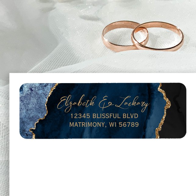 Navy Blue Agate Script Wedding Return Address Label (Creator Uploaded)