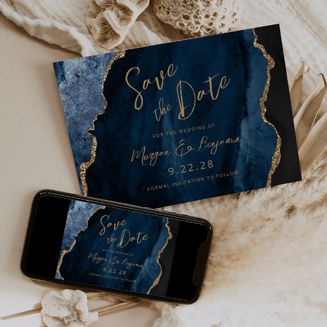 Navy Blue Agate Script Wedding Save the Date (Creator Uploaded)