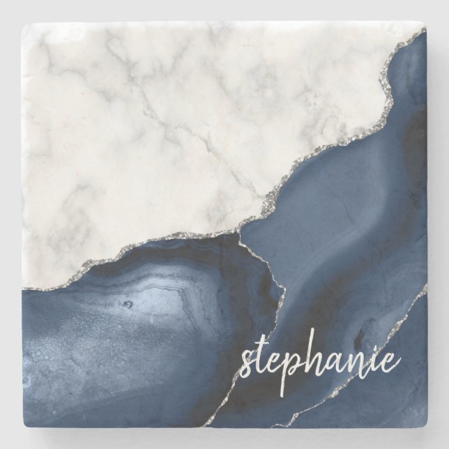 Navy Blue Agate Signature White Marble Silver Stone Coaster (Front)