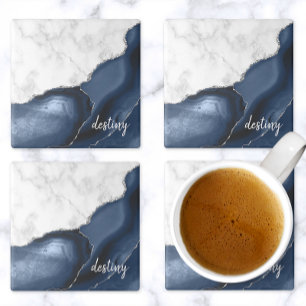 Navy Blue Agate Signature White Marble Silver Stone Coaster
