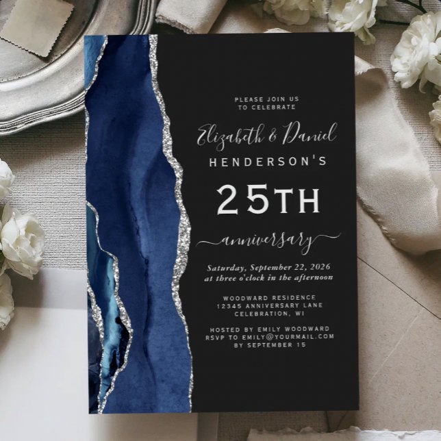 Navy Blue Agate Silver Dark 25th Anniversary Invitation (Creator Uploaded)