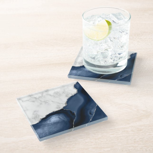 Navy Blue Agate Silver Glitter White Faux Marble Glass Coaster (Angled)