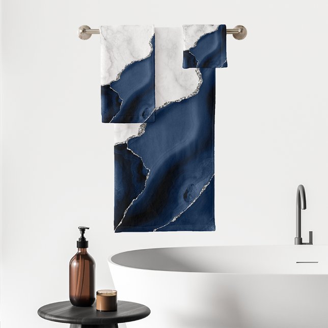 Navy Blue Agate Silver Glitter White Marble  Bath Towel Set (Creator Uploaded)