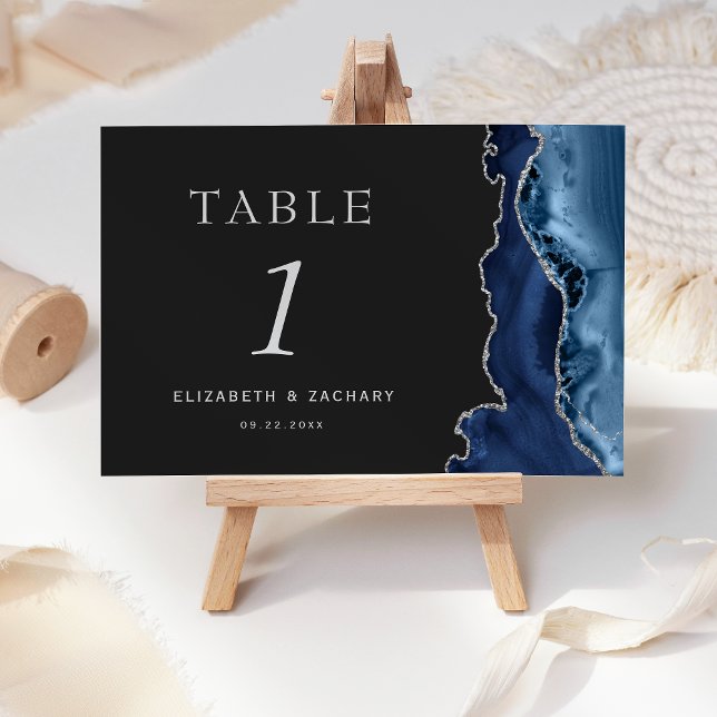 Navy Blue Agate Silver Slate Black Wedding Table Number (Creator Uploaded)