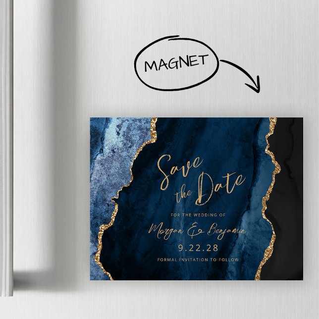 Navy Blue Agate Wedding Save the Date Magnetic Invitation (Creator Uploaded)