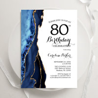 Navy Blue Agate White Gold 80th Birthday