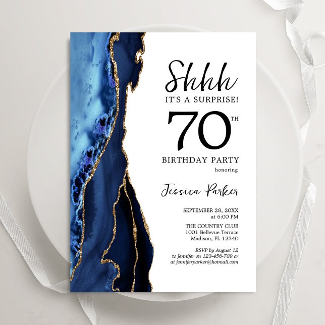 Navy Blue Agate White Gold Surprise 70th Birthday Invitation (Creator Uploaded)