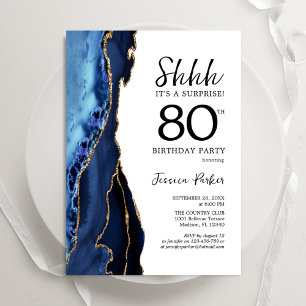 Navy Blue Agate White Gold Surprise 80th Birthday Invitation