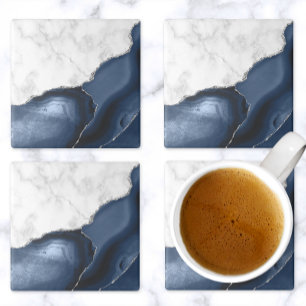 Navy Blue Agate White Marble Silver Glitter Stone Coaster