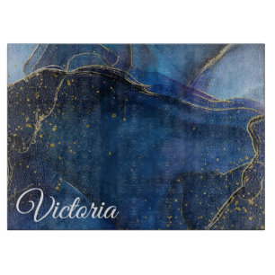 Navy Blue Agate with Gold Vein and Name  Cutting Board