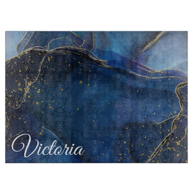 Navy Blue Agate with Gold Vein and Name  Cutting Board (Front)