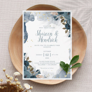 Navy Blue Alcohol Ink Floral Wedding Invitation