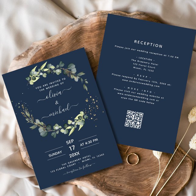 Navy Blue All in One Eucalyptus QR Code Wedding Invitation (Creator Uploaded)