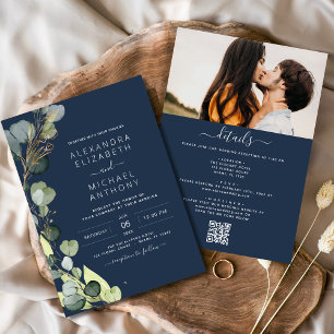 Navy Blue All in One Eucalyptus QR Code Wedding Invitation