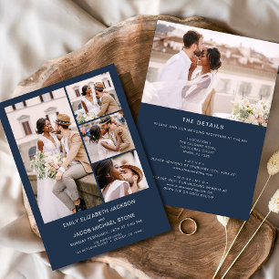 Navy Blue All In One Minimalist Photo Wedding Invitation