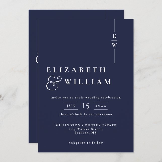 Navy Blue All In One Modern Monogram Wedding Invitation (Front/Back)