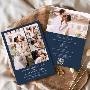 Navy Blue All In One QR Code Photo Wedding Invitation