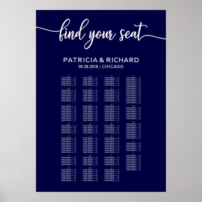 Navy Blue Alphabetical Wedding Seating Chart (Front)